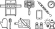 © Lipy - Barbecue Grill and Backyard Picnic Cooking Line Icon Set with Gas BBQ, Shish Kabob Skewer, Fish Grilling Basket, and Meat Thermometer Symbols