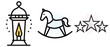 © Joy - Middle eastern lantern with burning candle inside, classic children's rocking horse toy and group of three stars set.