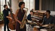 © primipil - A quartet of jazz band musicians perform together showcasing their individual skills while maintaining a cohesive group sound with focus on performance instrumentalists.