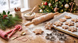 © Tetiana - Decorated gingerbread cookies on a wooden table with baking tools and Christmas tree background