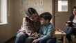 © Justlight - Medium shot of siblings interacting through play during a supervised visit with a caseworkers clipboard and room details softly blurred in the background.