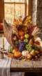 © Олеся Архипова - Cornucopia overflowing with autumn fruits and vegetables on table