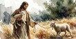 © miss irine - Jesus Christ, good shepherd, carries lamb leading another sheep through dry grassy field. Illustration divine care, protection, guidance for flock. Highlights compassion, spiritual connection.