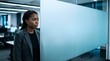 © Juan - Serious professional woman standing beside a frosted glass office partition