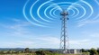 © Visionary - Telecommunication tower emitting wireless signal waves into blue sky, mobile network infrastructure and internet connectivity in rural countryside landscape with green fields