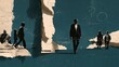 © pisan thailand - Broad paper band sliced cleanly into four wedges that drift apart above a lone walking figure, in a torn paper collage style with generous copy space