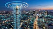 © Dreamscape - 5G telecommunication tower broadcasting signal waves over smart city skyline at dusk, wireless internet connection network infrastructure, future urban technology and global