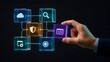 © mcjanuald - System integration concept with hand placing code block into digital network of glowing tech icons representing software architecture and cybersecurity