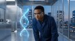 © SmartGunn - Scientist examining glowing DNA double helix hologram in modern laboratory biotechnology concept
