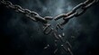 © NAHID - Breaking metal chain with philosophical words representing loss of truth and objective reality in dark dramatic atmosphere conceptual image of societal collapse with shattered links floating in air.