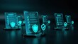 © 托哈创作者 - Digital compliance document with security shield icon on dark background, regulation and data protection concept