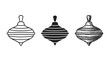 © Ірина Гринюк - Three classic wooden spinning tops with horizontal stripes, presented in outline, solid black, and hand-drawn sketch styles