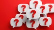 © miss irine - Multiple white speech bubbles with red question marks on a red background. Represents inquiry confusion doubt problem solving help and communication needs.