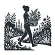 © purnama - Woman carrying basket of plants through garden silhouette