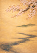 © AKIKO - 金箔背景に描かれた桜の枝と川の流れ・山並みの和風豪華イラスト