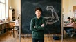 © MDMAZAHARULISLAM - Confident teenage boy stands proudly with crossed arms in classroom, muscular arm chalk drawing on blackboard behind him, students studying in background, education concept