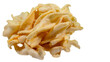 © grapixClarity - A pile of crispy, golden-yellow fried dough snacks, twisted and irregular in shape, isolated against a solid black background