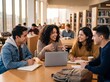 © AdPremium - Diverse group of college students working collaboratively around a table in a modern university library with laptop and notebooks