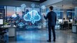 © ShortFilmStock - Businessman in suit interacting with futuristic holographic cloud computing interface, analyzing data transfer, security, and analytics in a modern office with city skyline view
