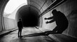 © Linda - Man Confronting Shadow in Dark Tunnel - Fear, Anxiety, Inner Struggle