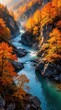 © Pete - Fast blue river flows through narrow mountain canyon. Golden yellow autumn trees grow on rocky cliff sides. Sunlight illuminates colorful forest foliage above cold water stream. Wild nature scenery