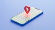 © Design Store - Modern smartphone with a vibrant red location pin, a digital map interface for navigation and GPS tracking. Mobile device displaying a route, ideal for travel, logistics