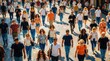 © Viktor - High angle view of diverse crowd walking on city street. People commute in urban area during busy rush hour. Multi ethnic group of pedestrians move forward on road. Impressionist painting style shows