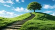 © Viktor - Stone stpic curve up a lush green hill towards a solitary tree under a bright blue sky with fluffy clouds. This peaceful landscape symbolizes growth and reaching new heights.