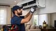 © Mixests - Technician installing air conditioning unit in modern living room with installation professional construction