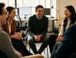 © Tanya - Group of Diverse Colleagues Sitting in Circle and Smiling together during Informal Office Meeting