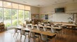 © Perfect Art - Empty modern classroom interior featuring student desks, chairs, large windows, whiteboard, and bright elementary school learning space environment