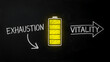 © ★★★★★ - Glowing battery icon on blackboard between exhaustion and vitality text. Chalkboard illustration showing transition from fatigue to high energy. Mental health and burnout prevention concept.