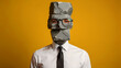 © DUBOIS CAMILLE JADE - Businessman with stone head wearing glasses on yellow background. Surreal professional portrait featuring stacked rocks. Symbolizes mental block or stoicism for corporate psychology themes.