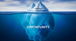 © JANSSENS LUCAS DAAN - Iceberg in the ocean with CRISIS above water and OPPORTUNITY below. Cross-section view of floating ice highlighting hidden potential. Business strategy metaphor for problem-solving and marketing.