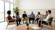 © Alva - Diverse group of people sitting in a circle during a support group therapy session.