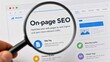 © MMTM - Magnifying glass focusing on on page SEO optimization webpage content, representing search engine ranking strategy and website traffic improvement technology