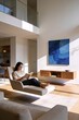© Vistia  - Woman relaxing in modern luxury living room with contemporary interior design