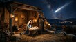 © JAHANARA - Nativity scene with baby jesus, mary, and joseph in a stable under a starry night sky with a bright comet, traditional christmas religious depiction