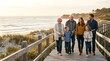 © Bane - Happy multi generational family walking on wooden boardwalk at sunset
