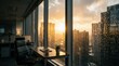 © punya - Modern Office Workspace with Cityscape Sunset View.