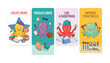 © Ruma - Cute octopus mascot cards set illustrating different professions including artist business executive handyman and hairdresser cartoon flat vector