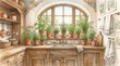 © Umnat - Cozy kitchen interior with wooden cabinets, a sink basin, and lush greenery in potted plants.