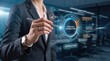 © Riley - Businesswoman interacting with holographic strategic optimization dashboard for data driven decision making, analyzing market share and operational risk to approve growth plans