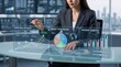© Oliver - Businesswoman analyzing financial growth charts and market penetration data on futuristic holographic interface in control room, visualizing revenue stability and operational