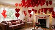 © Popy - Cozy valentine's day scene with plush sofa, heart pillows and romantic red balloons.