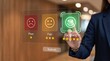 © James - Customer selecting excellent rating on futuristic touchscreen interface, positive feedback with five stars, user experience survey, service quality evaluation, client satisfaction