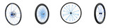 Four bicycle wheels with glowing blue neon spokes on black background