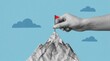 © BZXO - A painted background featuring a composite photo collage of a hand holding a flagpole icon at a mountain vertex, symbolizing growth, success, and development.