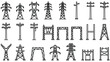 © SADIKUR - High voltage power line transmission tower icon set on white backdrop.
