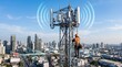 © Lin - Telecom engineer climbing maintenance ladder on 5G mobile network tower antenna, transmitting wireless signal waves over modern city skyline background for internet connectivity